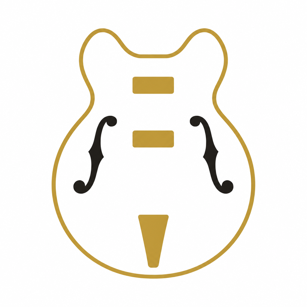 Stand-in for the guitar photo: an ivory hollow-body outline with gold binding